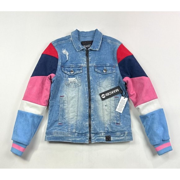 Makobi Mens Small Full Zip Denim Jean Jacket Blue Pink White Distressed M1010 - Picture 1 of 11